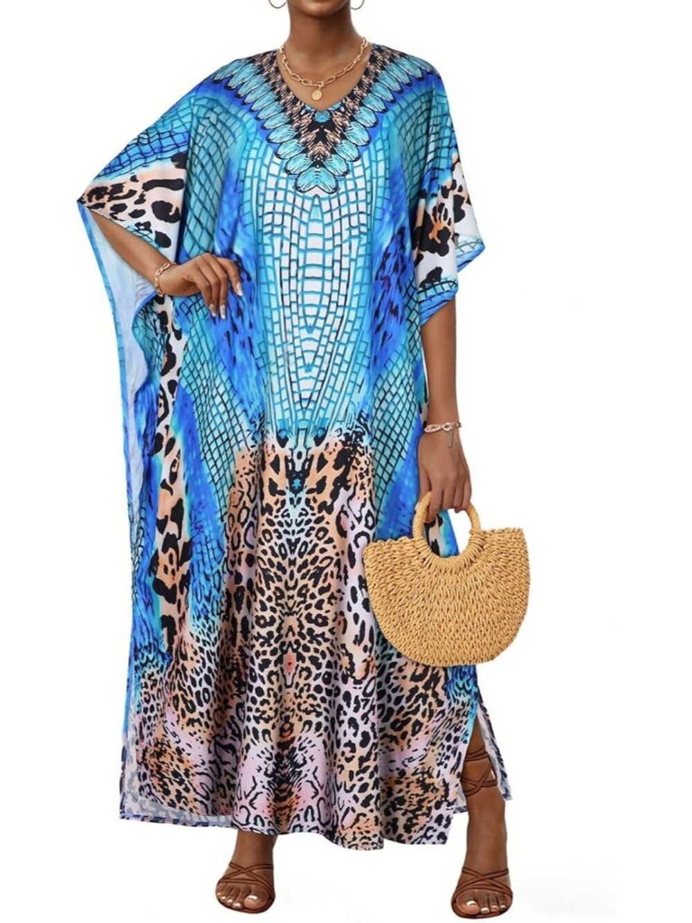 γ½οΈWomen Blue Leapord Print Plus Size V Neck Caftan Long Batwing Sleeve Cover Up